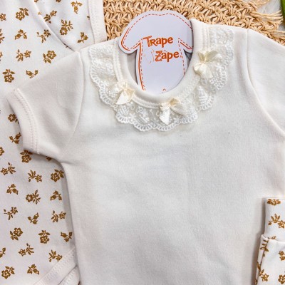 Conj. de Malha 3 peças - Gola Rendada com Laço - Off White